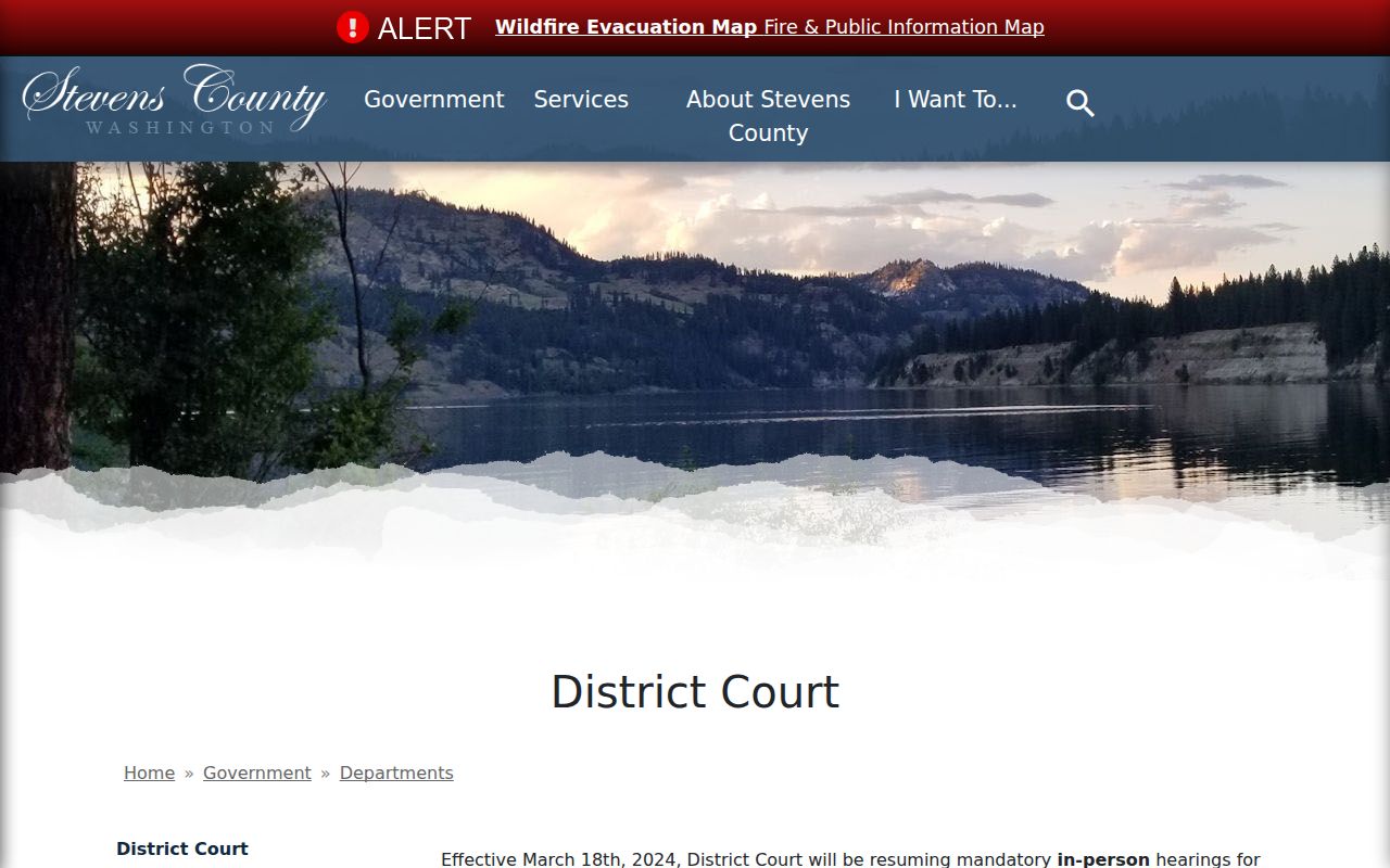 Stevens County District Court page with docket and contact options