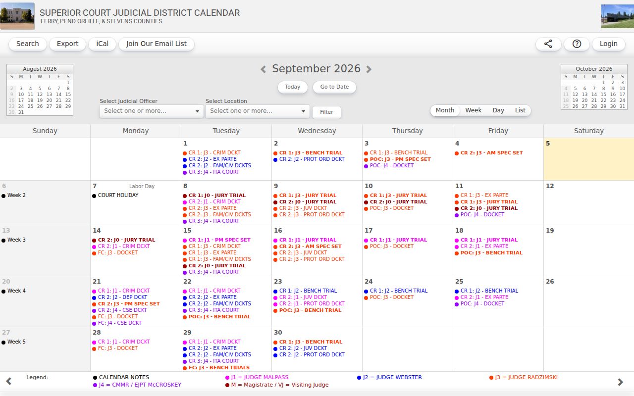Tri-County Superior Court public calendar interface for Stevens County court dates